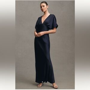 BHLDN Amelia Flutter Sleeve Satin Dress in Navy
